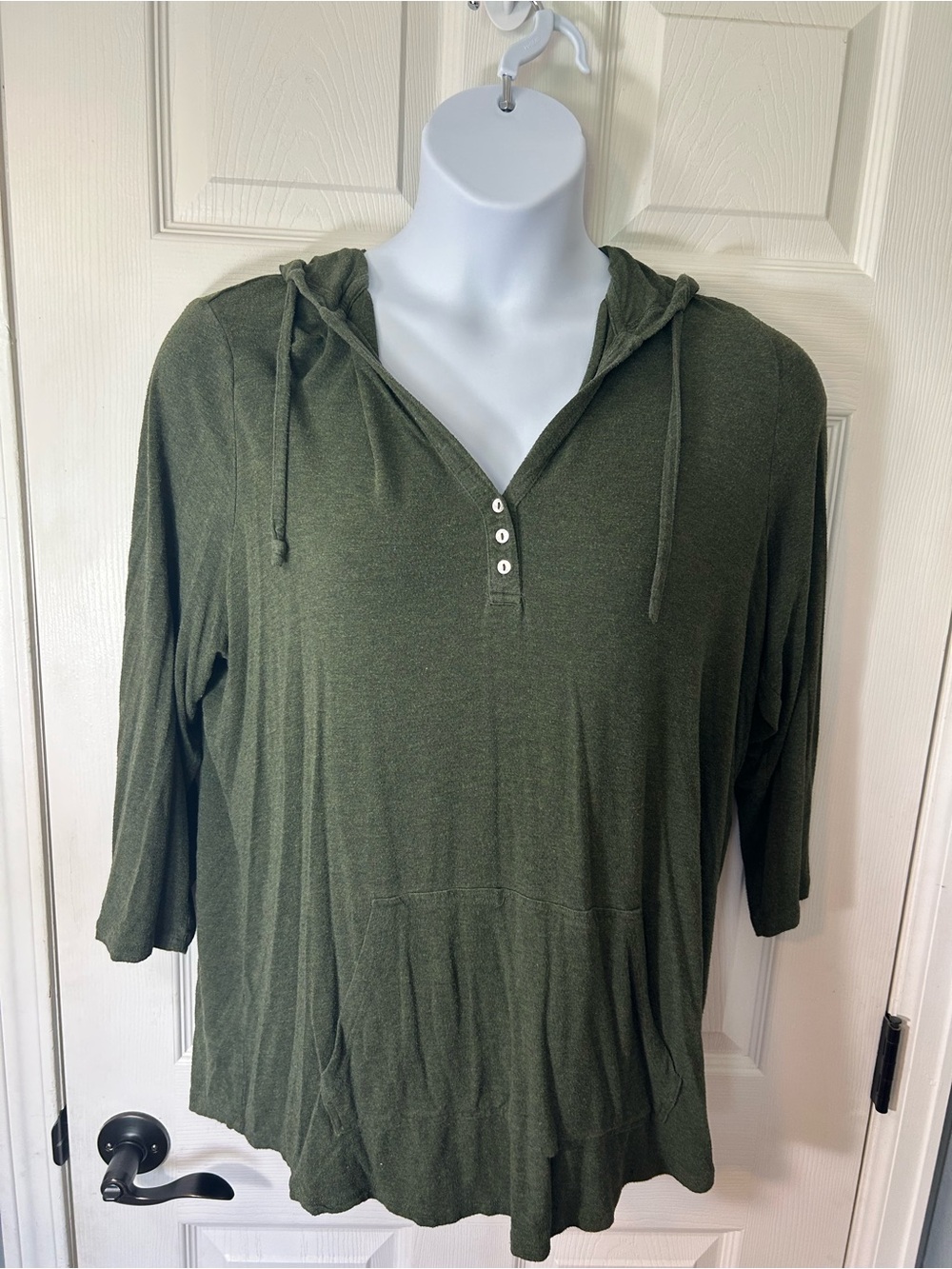 Market & Spruce Olive Green Hooded Tunic Top 1X 3/4 Sleeve Pocket